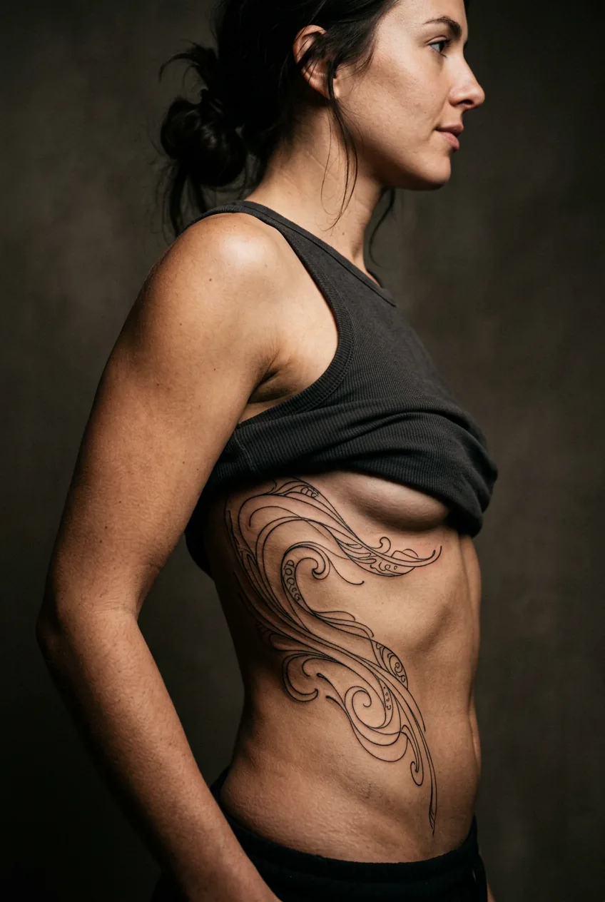 Abstract flowing line work tattoo on woman's ribcage with continuous single-needle lines suggesting movement