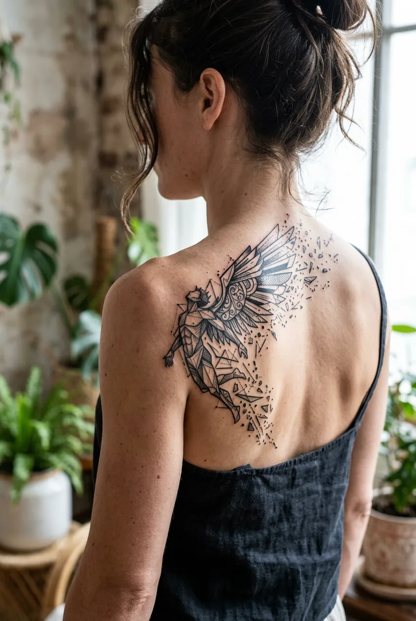Abstract geometric Icarus tattoo on woman's shoulder blade showing wing dissolution design