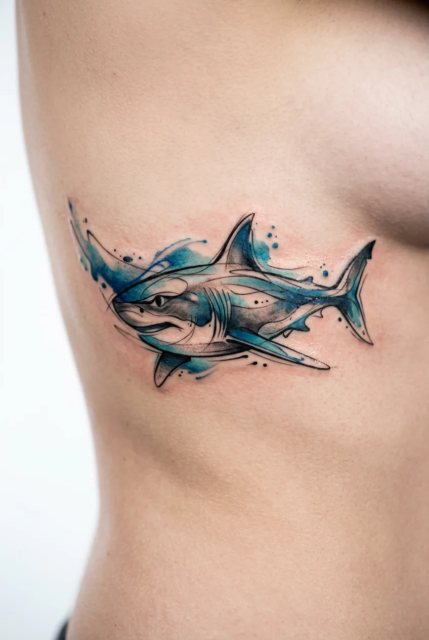 Fresh abstract shark tattoo with flowing lines and color washes on woman's ribcage