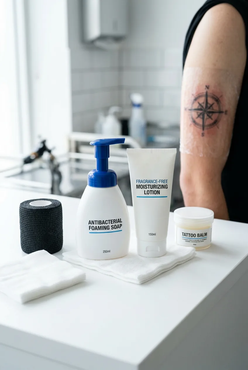 Fresh tattoo aftercare products including antibacterial soap and fragrance-free lotion arranged on clean surface