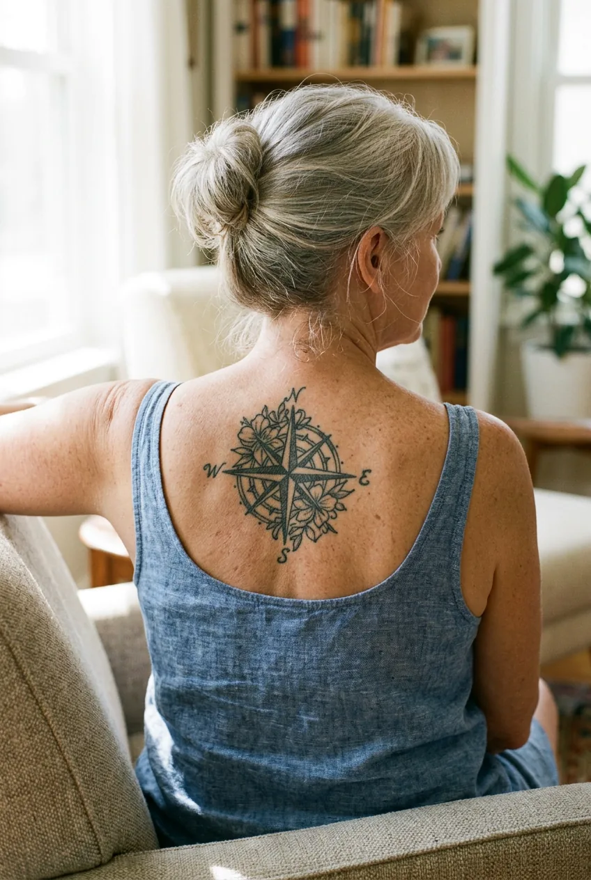 Mature woman showing well-aged upper back tattoo between shoulder blades after 10+ years
