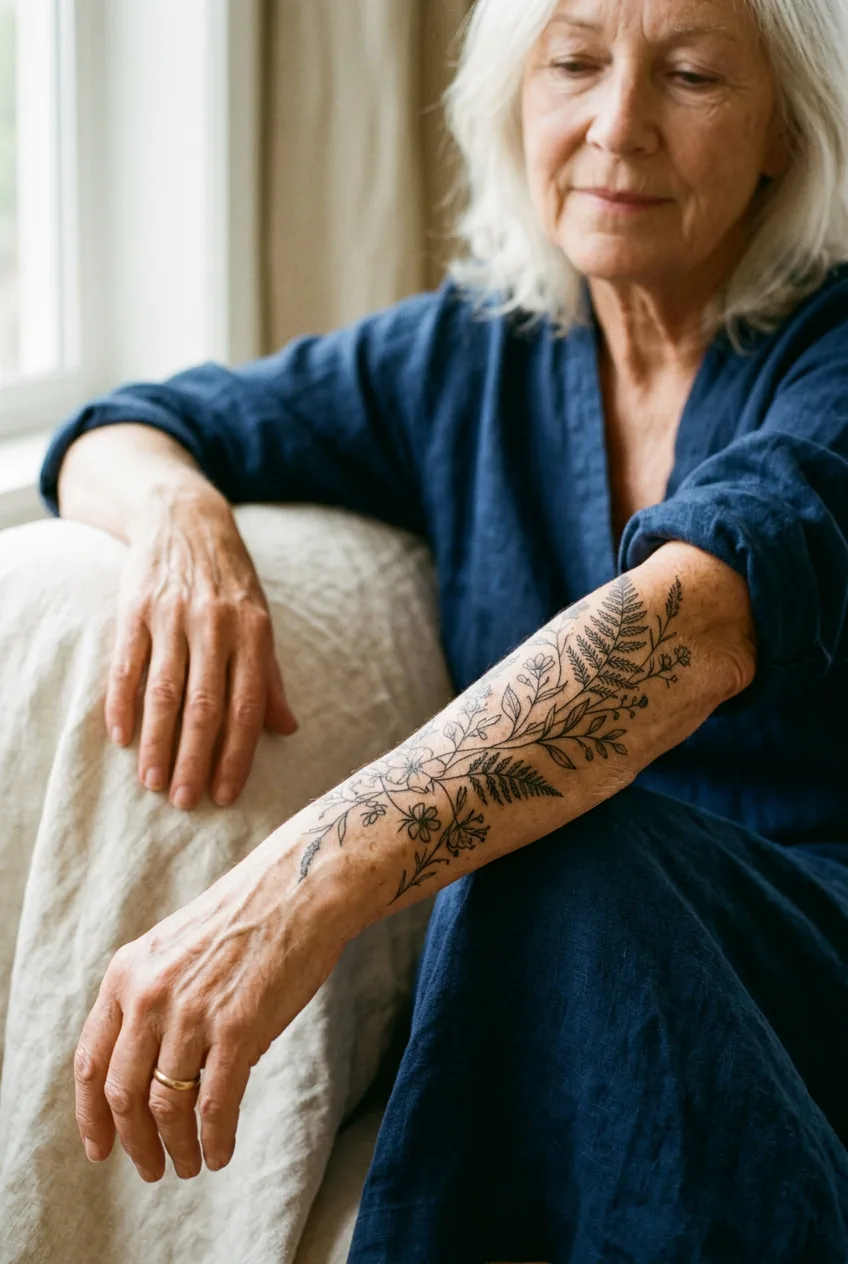 Elegant botanical tattoo on mature woman's arm showing how delicate fine-line work ages gracefully