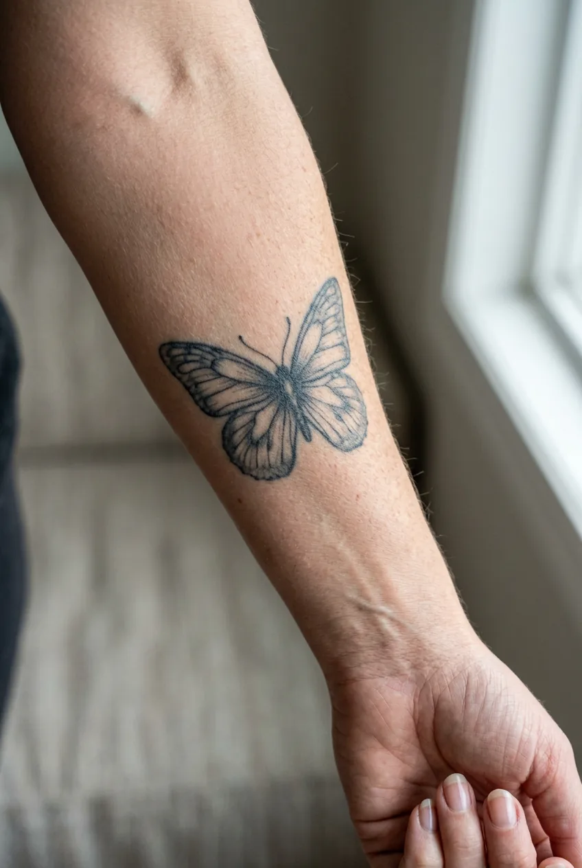 Close-up of aged fine line butterfly tattoo on forearm showing natural wear over time