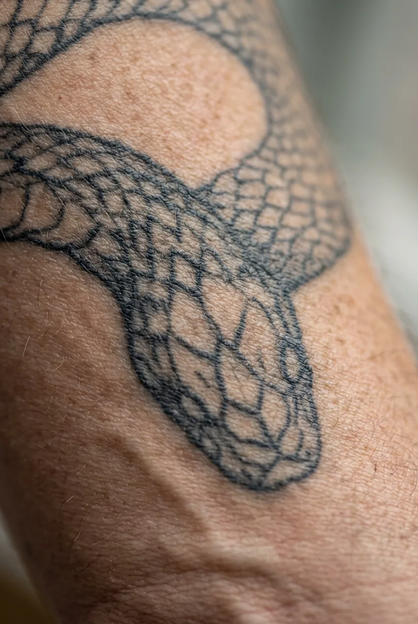 Close-up macro view of aged fine line snake scale tattoo details showing natural ink spread and blurring