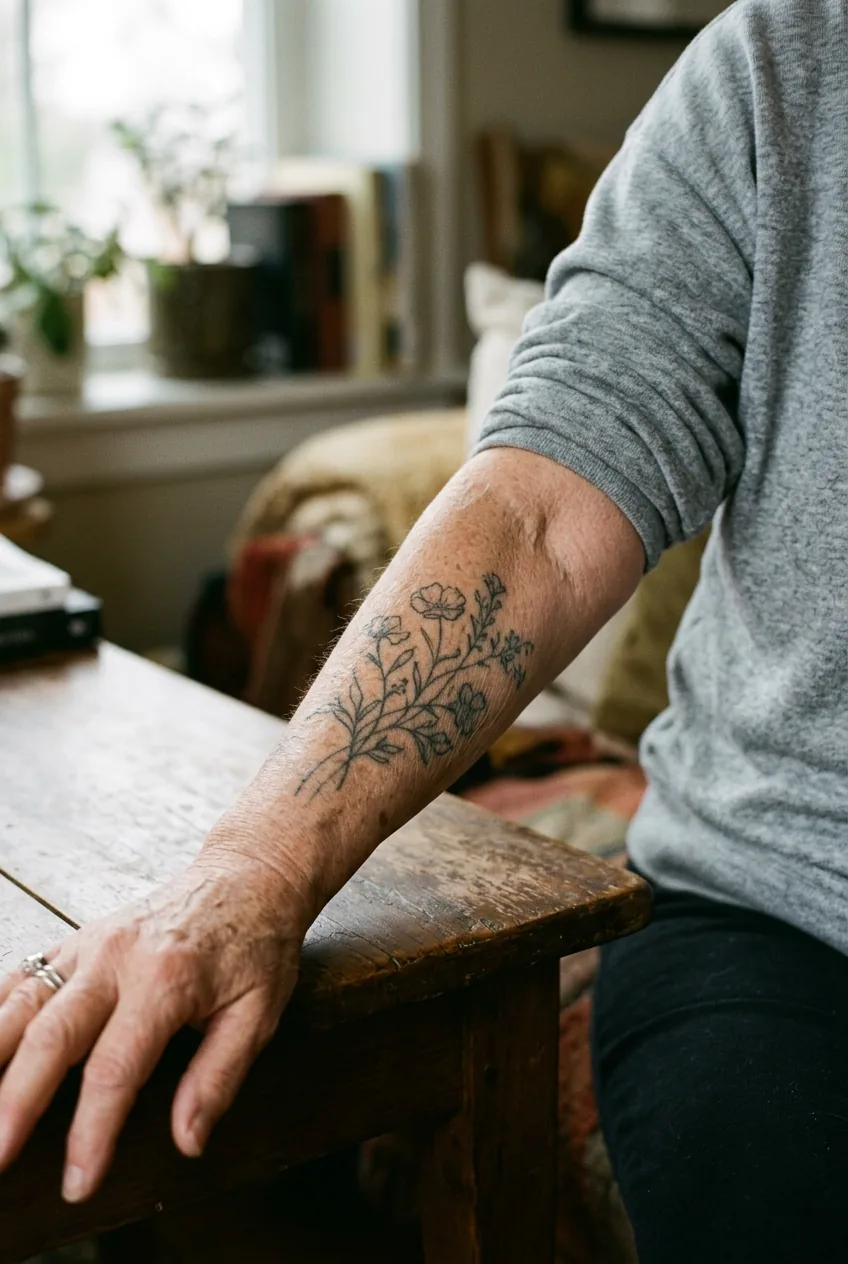 Close-up of aged fine line tattoo demonstrating natural softening and line spreading on mature skin