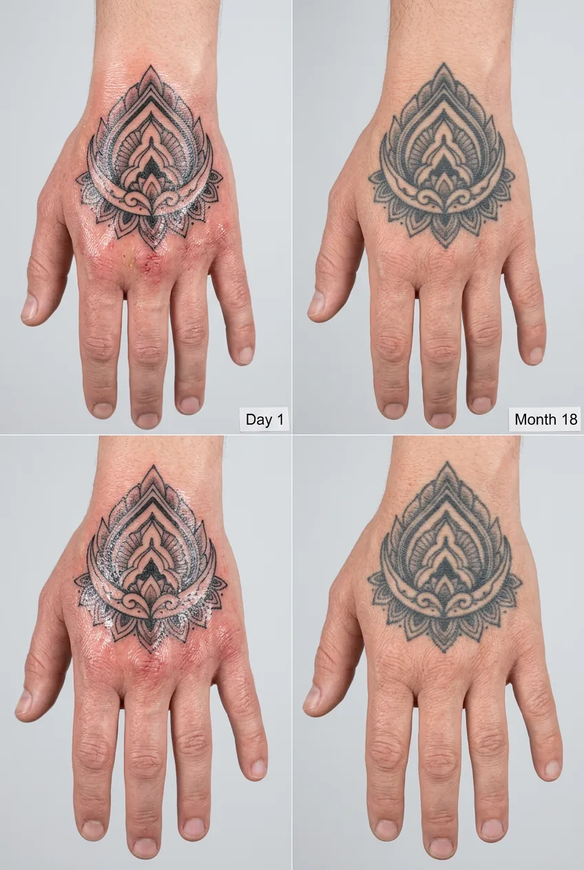 Side by side comparison showing hand tattoo appearance immediately after healing and eighteen months later