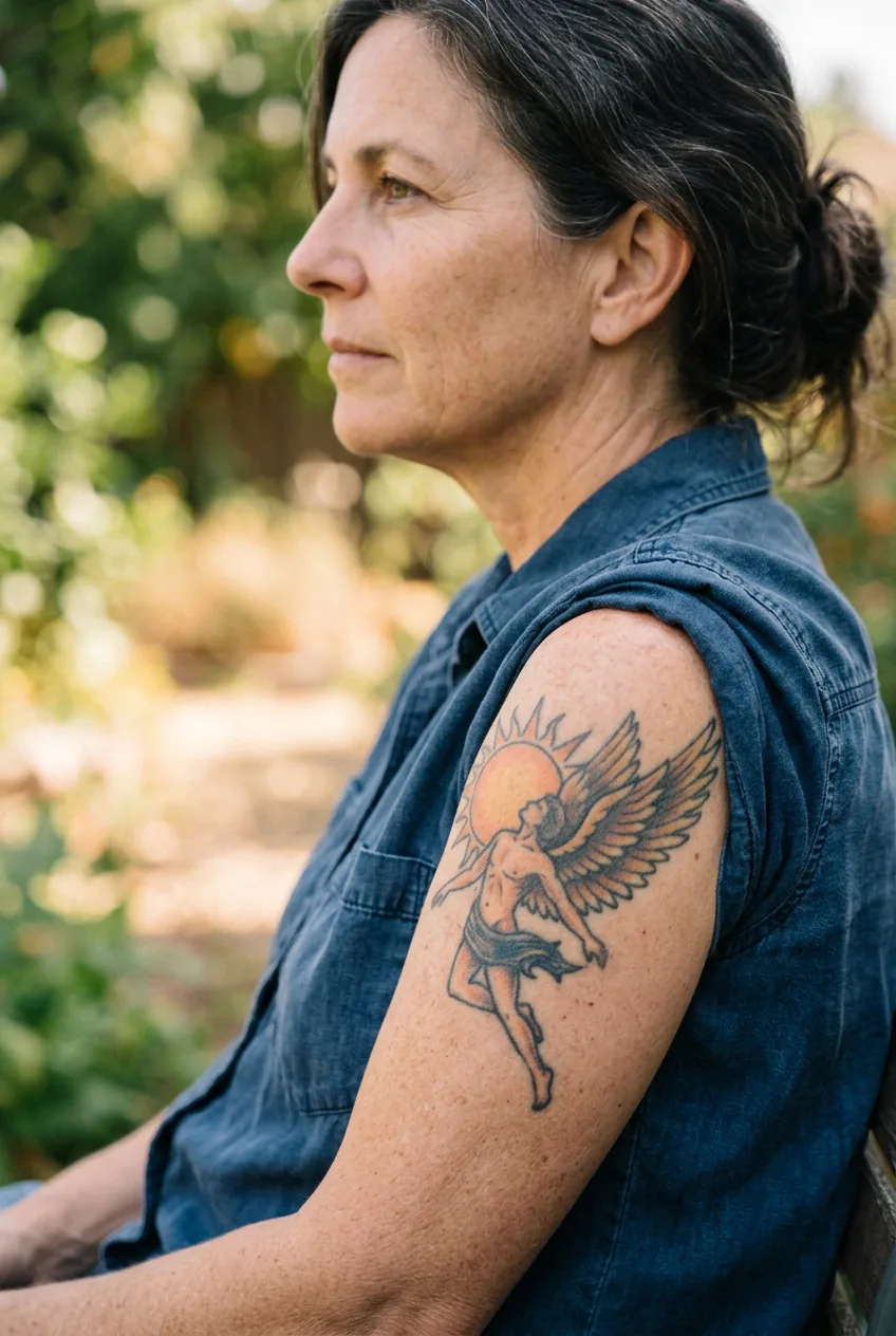 Side profile showing aged Icarus tattoo on woman's upper arm with settled ink colors