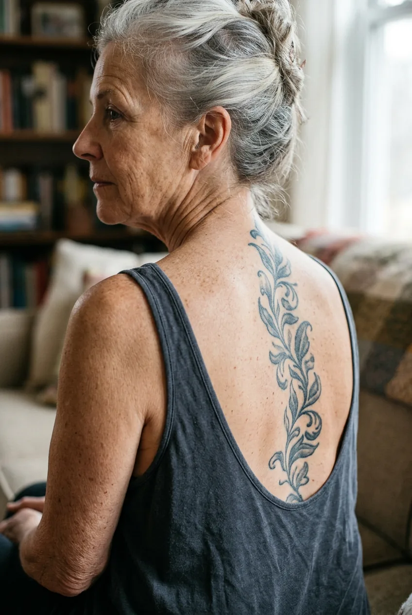 Side profile of mature woman showing well-aged spine tattoo demonstrating long-term appearance