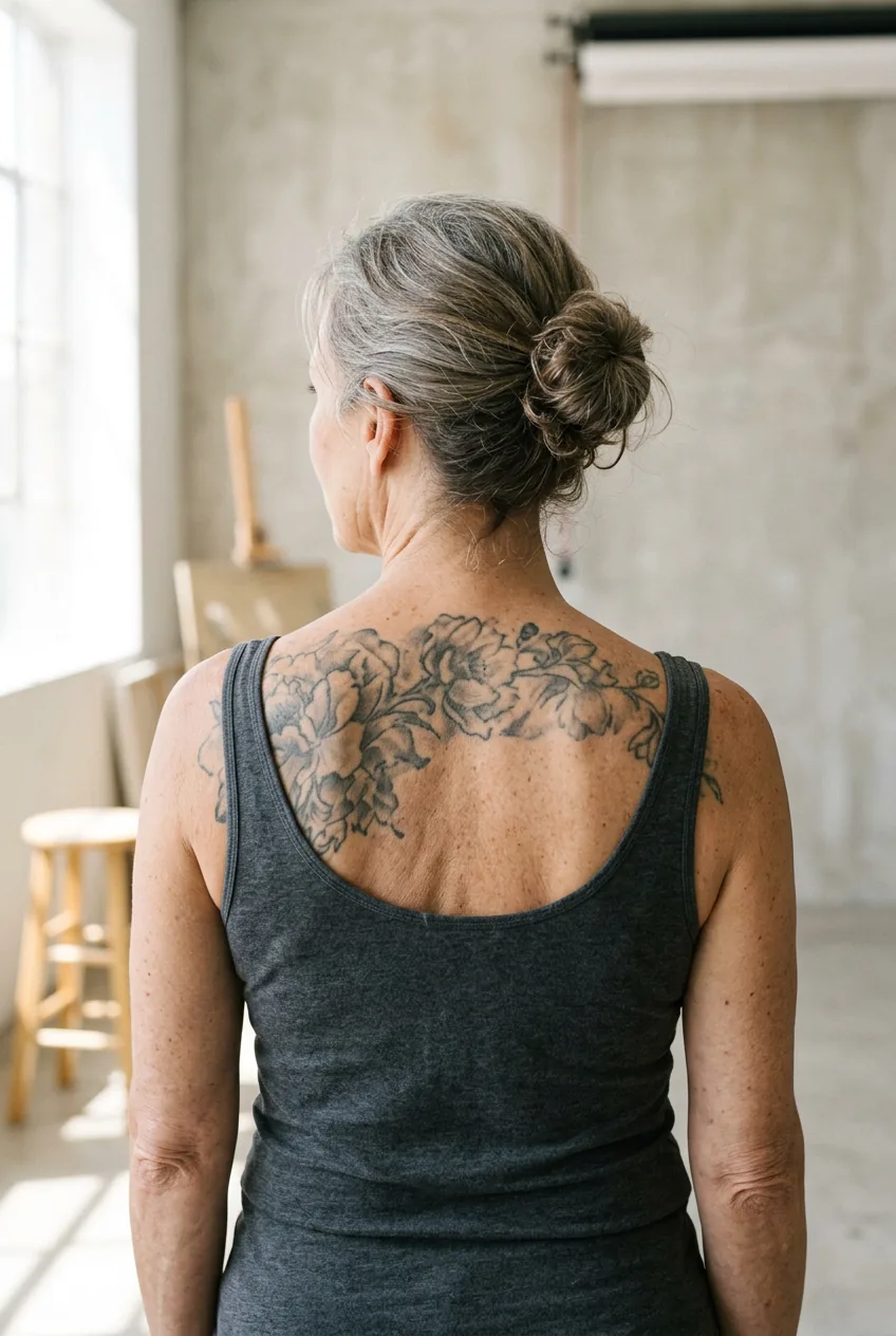 Mature woman's back displaying well-aged upper back tattoo placement over time