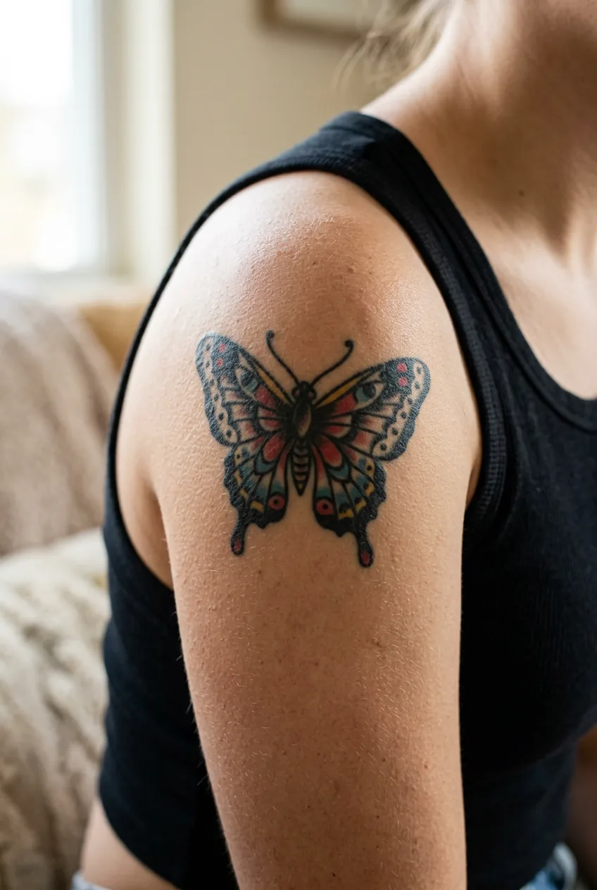 Fifteen-year-old traditional butterfly tattoo on shoulder showing how bold lines age well