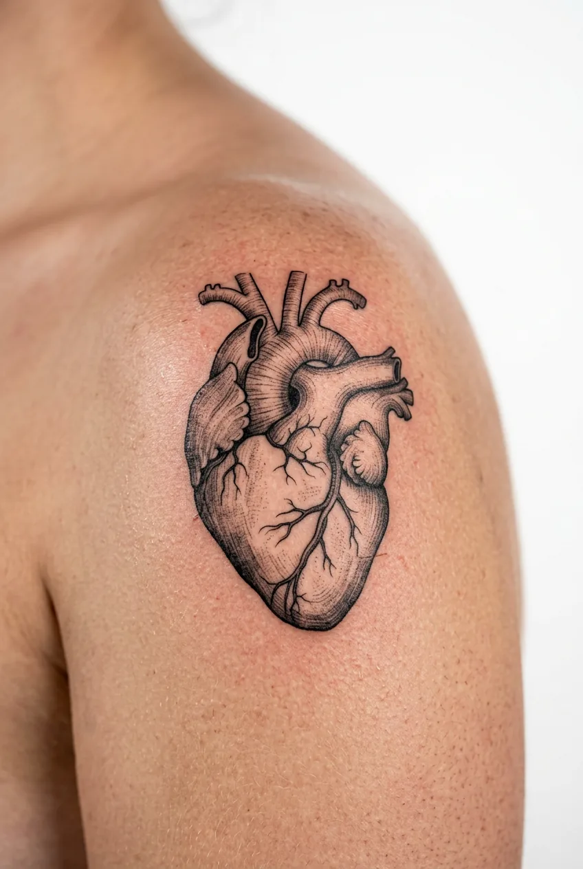 Shoulder placement showing anatomical heart tattoo with realistic chambers and arterial details