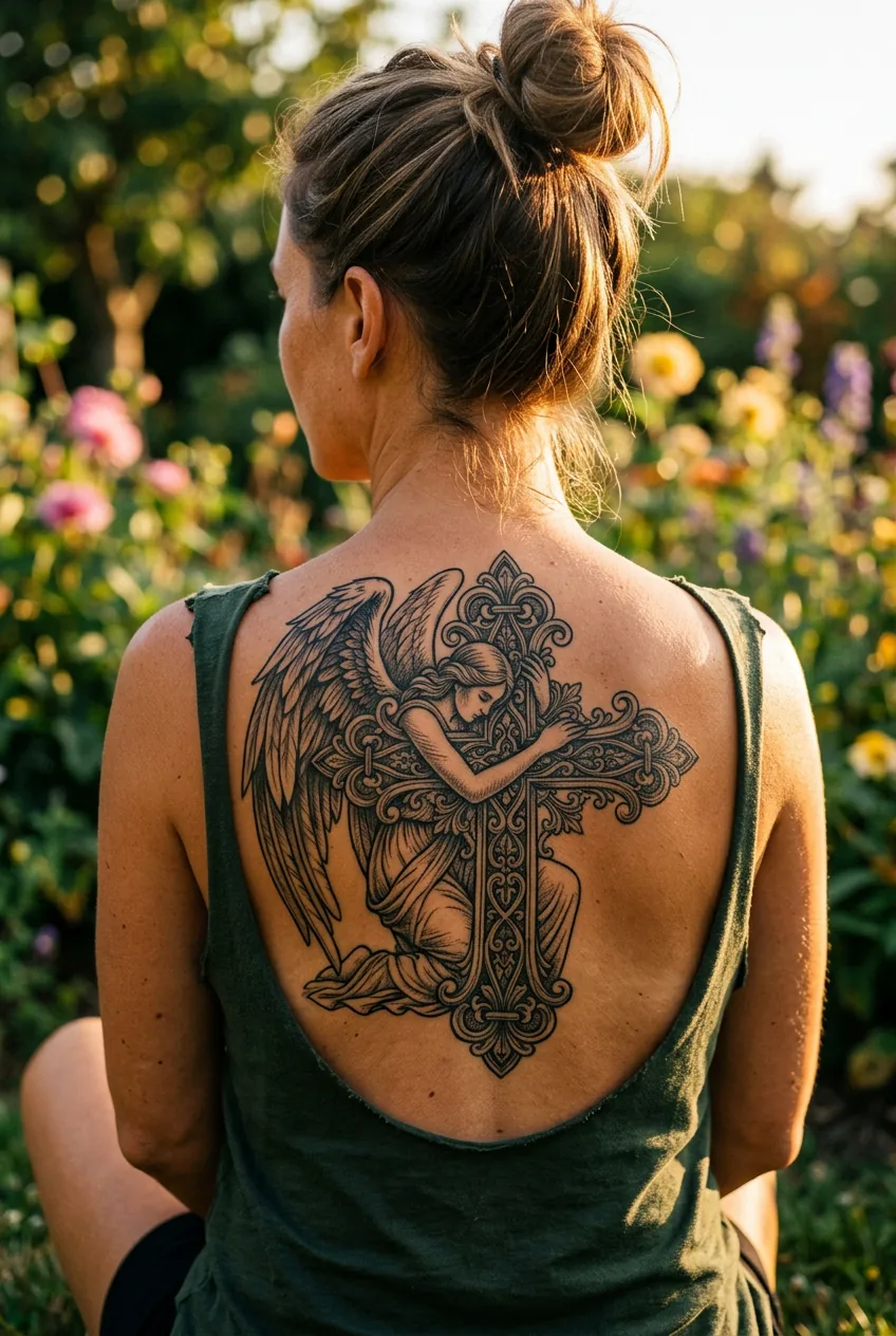 Woman with angel embracing ornate cross tattoo design across upper back