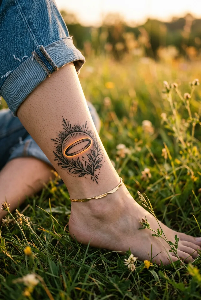 Woman with glowing angel halo tattoo and decorative elements around ankle
