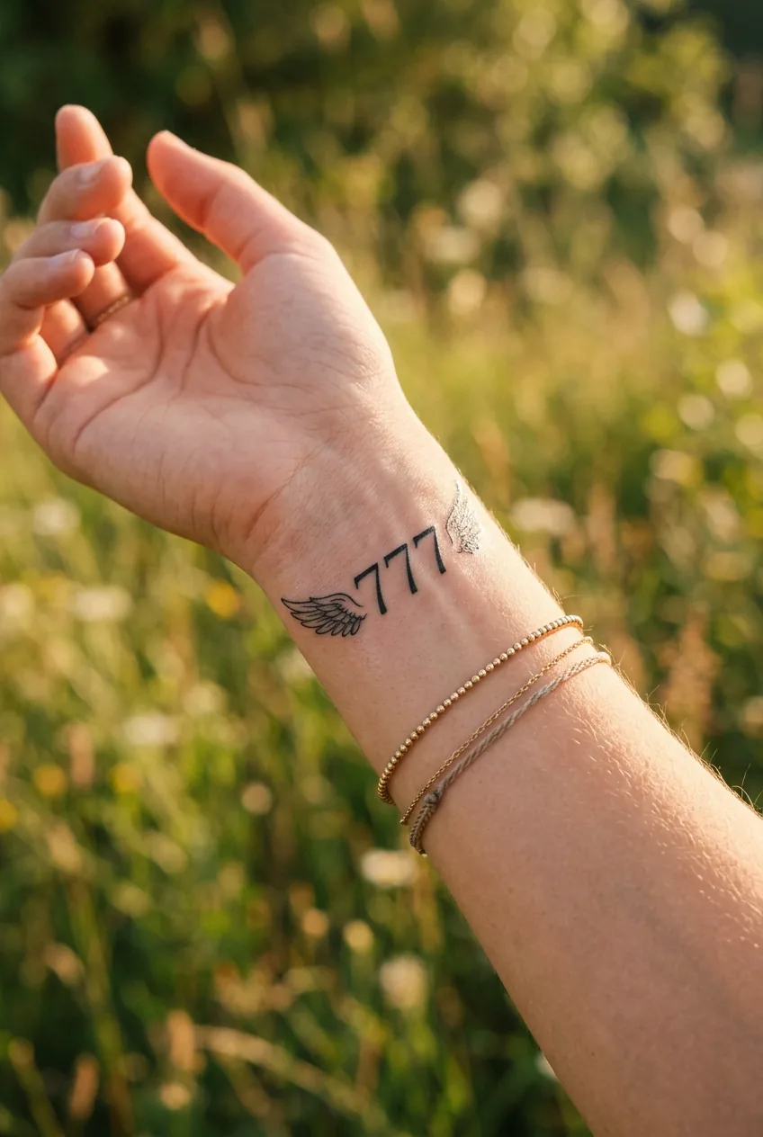 Woman showing angel number 777 tattoo with small wing elements on wrist