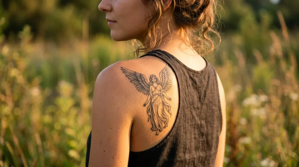 Woman with detailed angel tattoo on shoulder in golden sunlight showing intricate wing and figure details