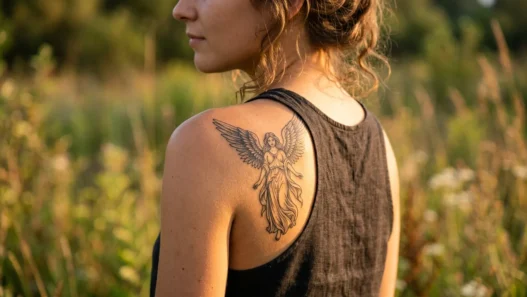 Woman with detailed angel tattoo on shoulder in golden sunlight showing intricate wing and figure details