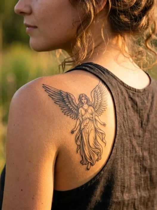 Woman with detailed angel tattoo on shoulder in golden sunlight showing intricate wing and figure details