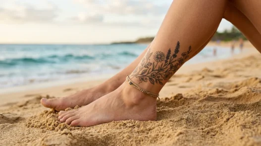 Woman's tattooed ankle resting on golden beach sand with ocean blurred in background
