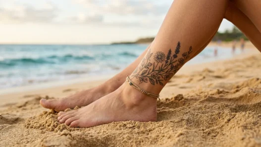 Woman's tattooed ankle resting on golden beach sand with ocean blurred in background