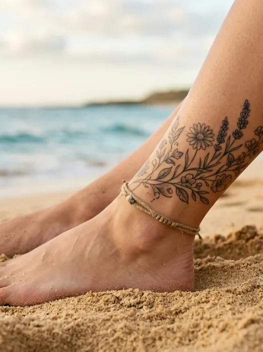 Woman's tattooed ankle resting on golden beach sand with ocean blurred in background
