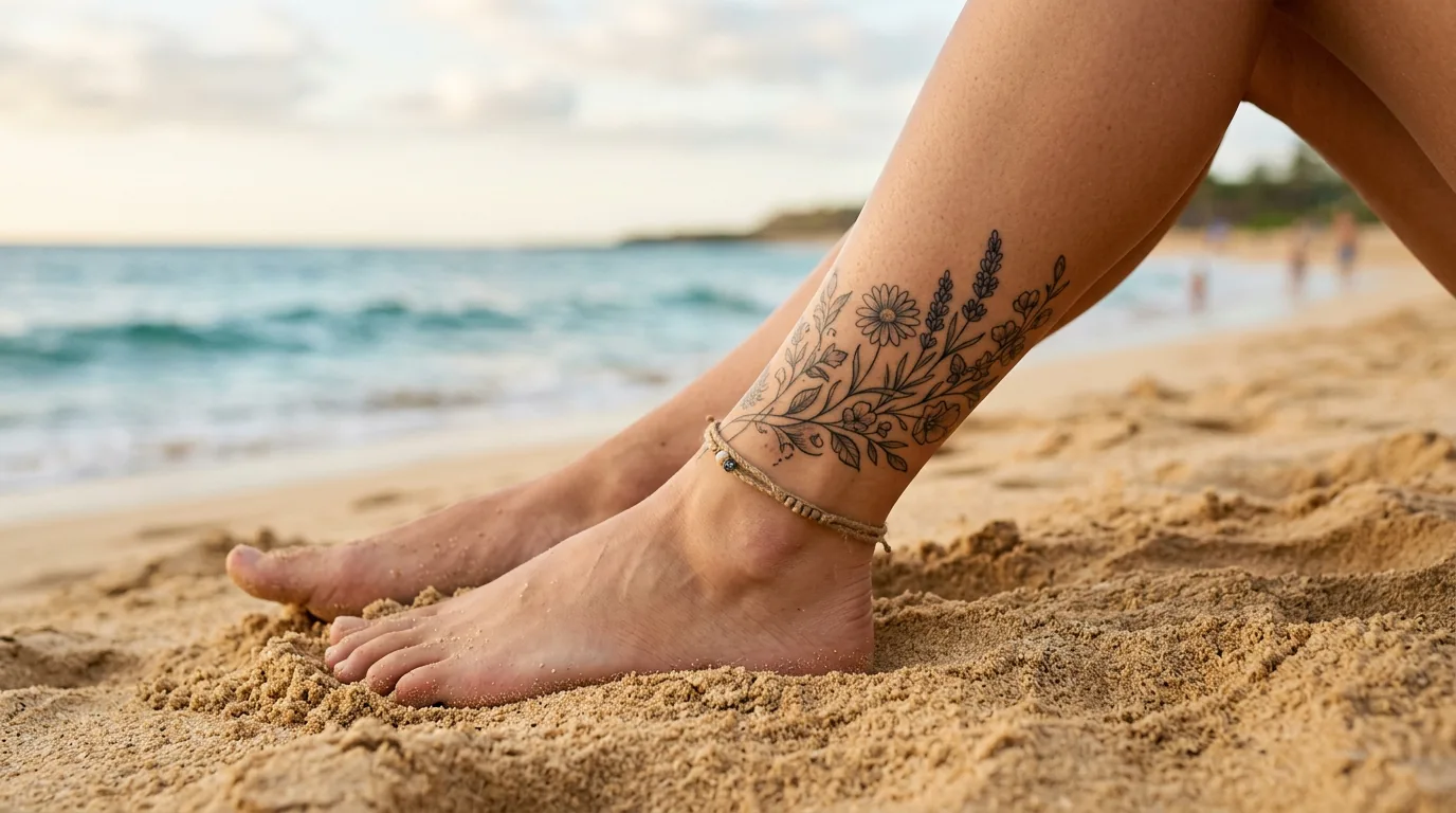 Woman's tattooed ankle resting on golden beach sand with ocean blurred in background