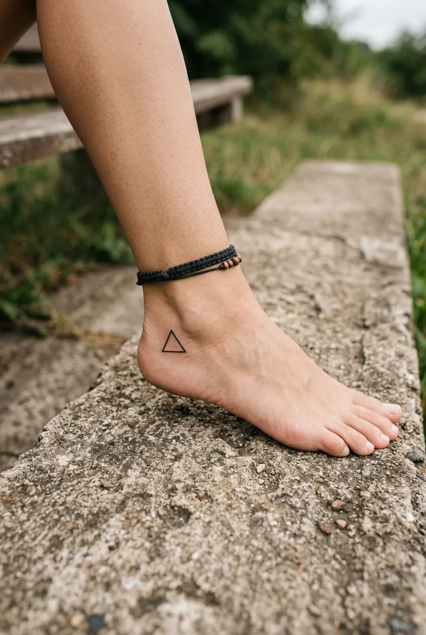 Woman's ankle displaying small black geometric triangle tattoo on clean skin against concrete