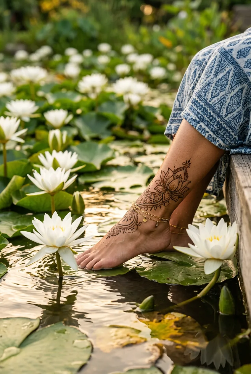 Woman's ankle showing intricate lotus flower henna pattern surrounded by white lotus blooms in peaceful water garden
