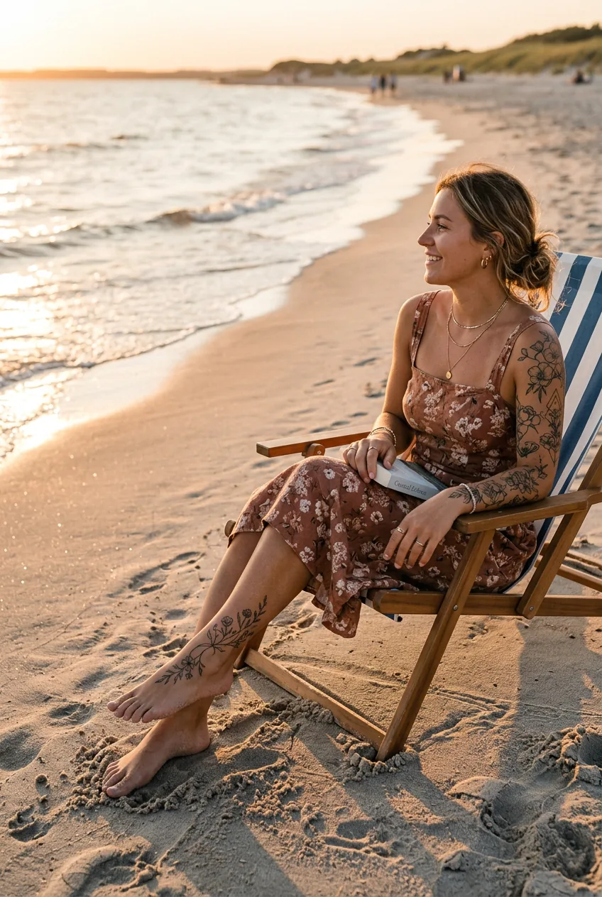 Woman on beach chair with delicate ankle tattoo visible during golden hour lighting
