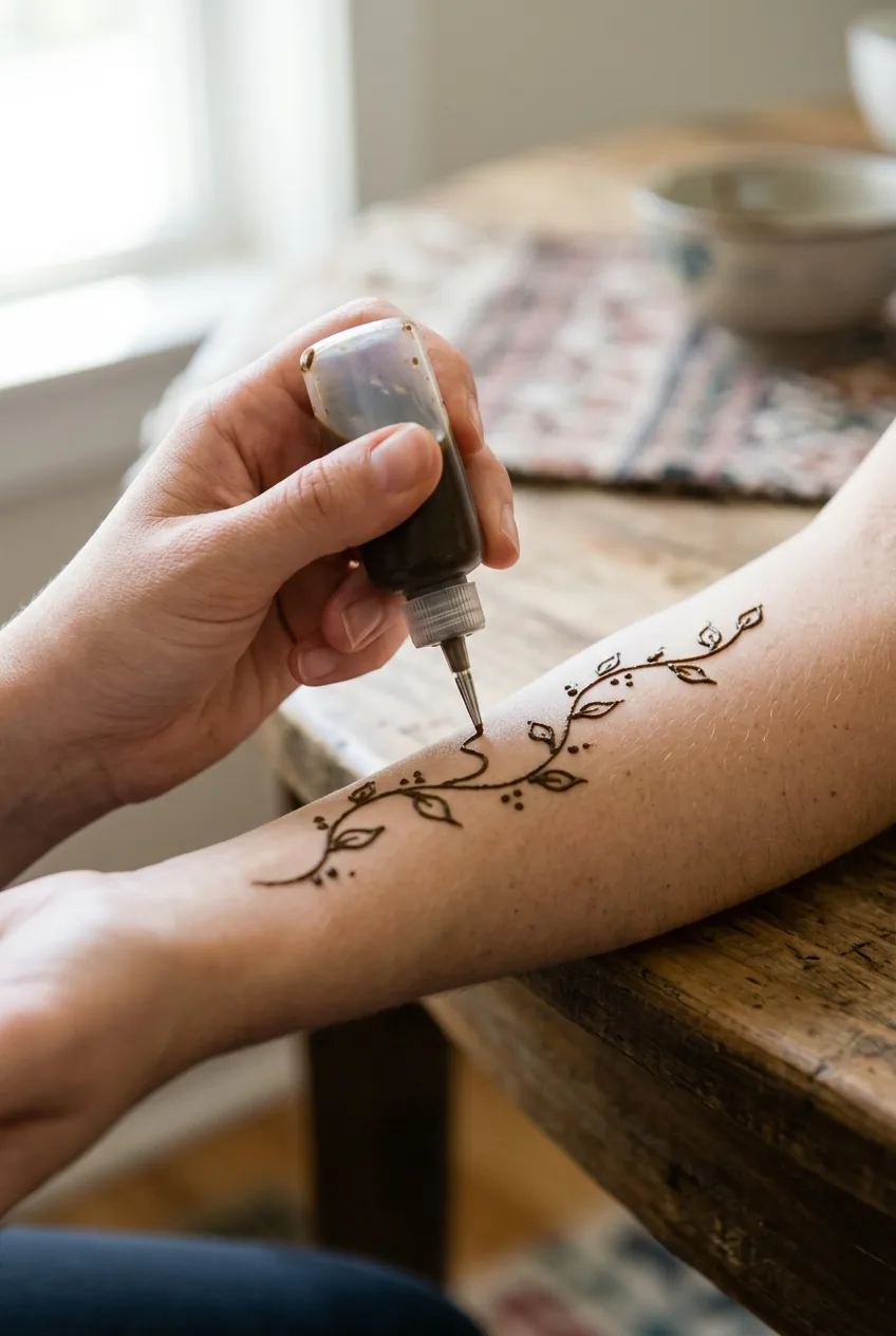 Woman's hand creating simple vine henna pattern on forearm using squeeze bottle application technique