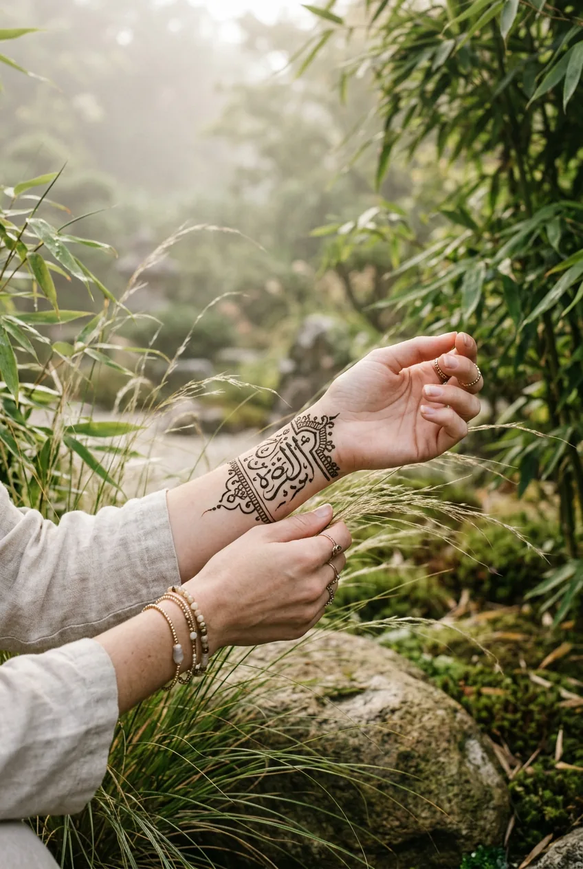 Woman's inner wrist showing flowing Arabic calligraphy henna with ornamental grasses in misty zen garden