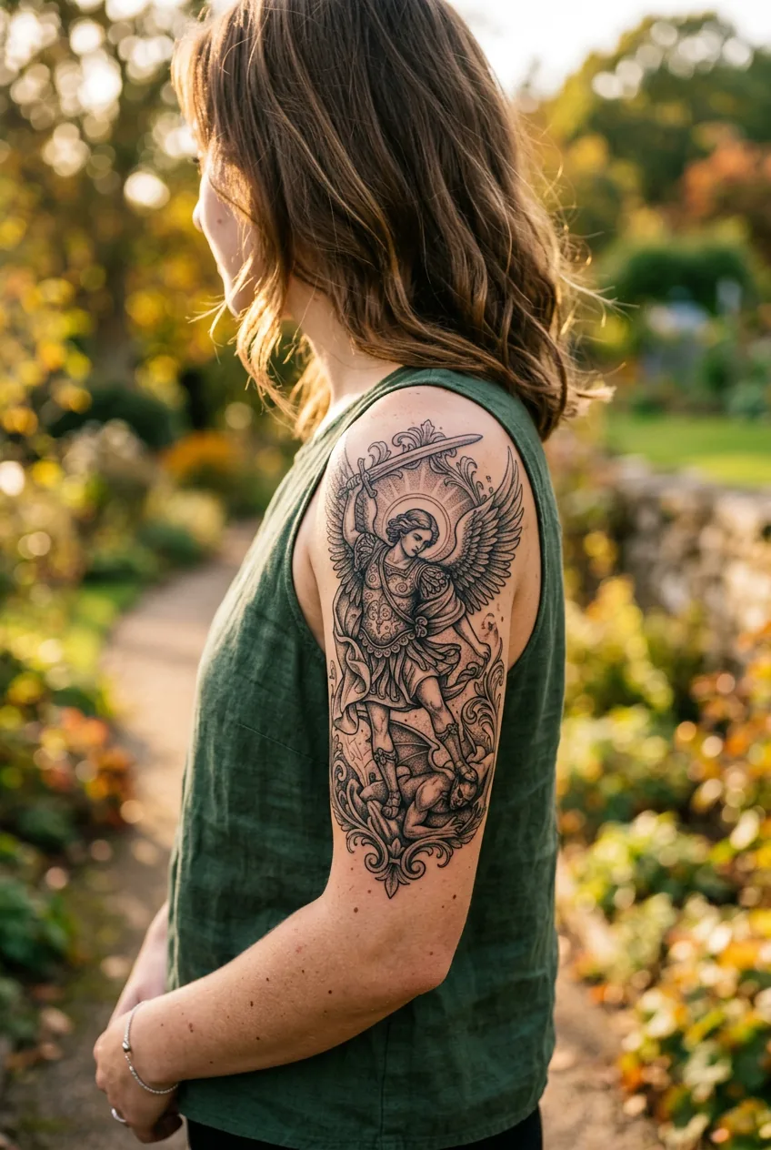 Woman displaying Archangel Michael tattoo with armor and raised sword on upper arm