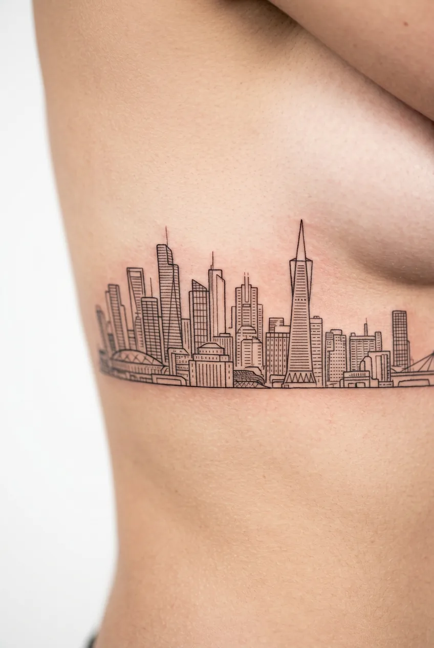 Fine line architectural skyline tattoo showing city buildings on woman's ribcage