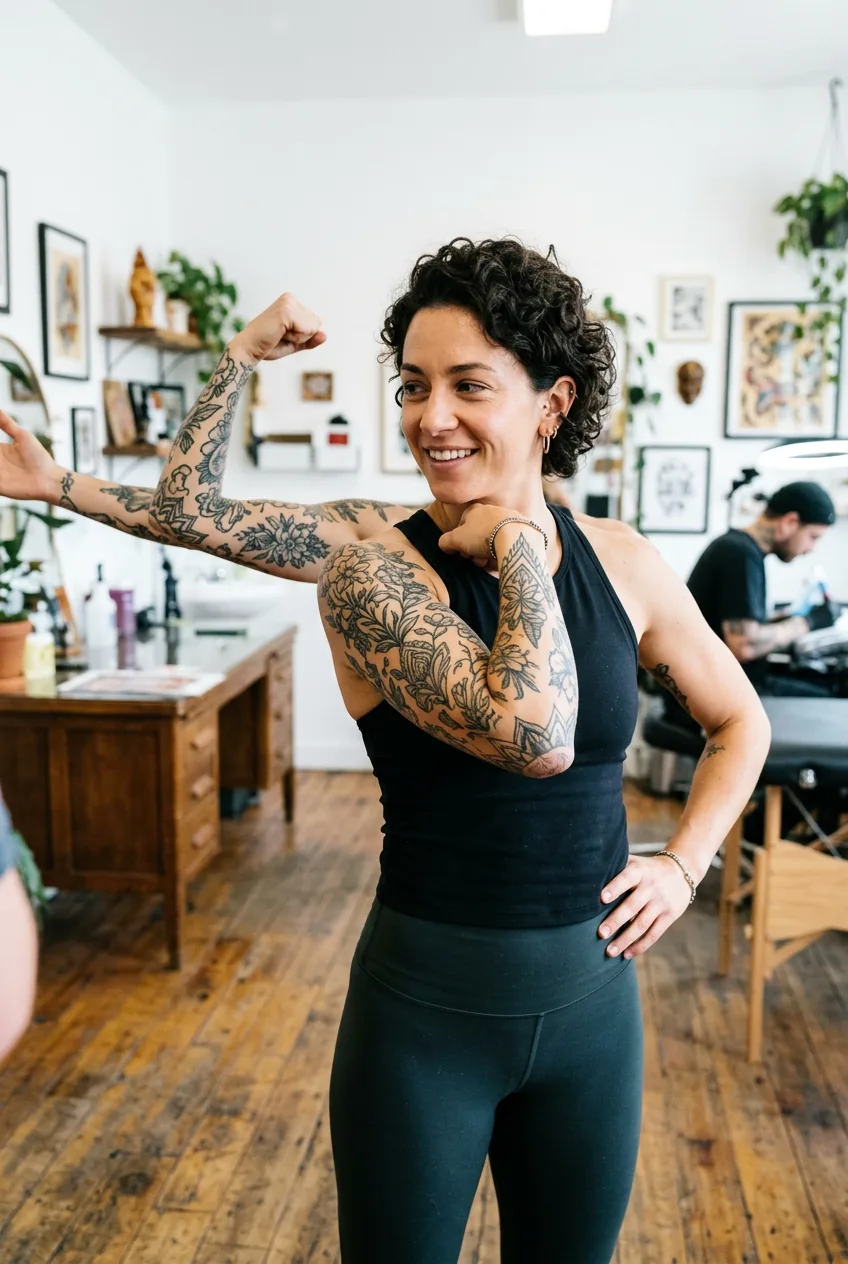 Woman demonstrating arm movement showing how tattoo placement looks during elbow bend