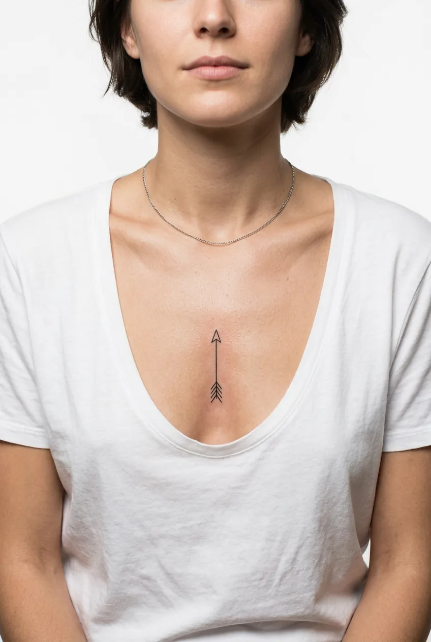 Small arrow tattoo centered vertically on woman's sternum showing clean placement
