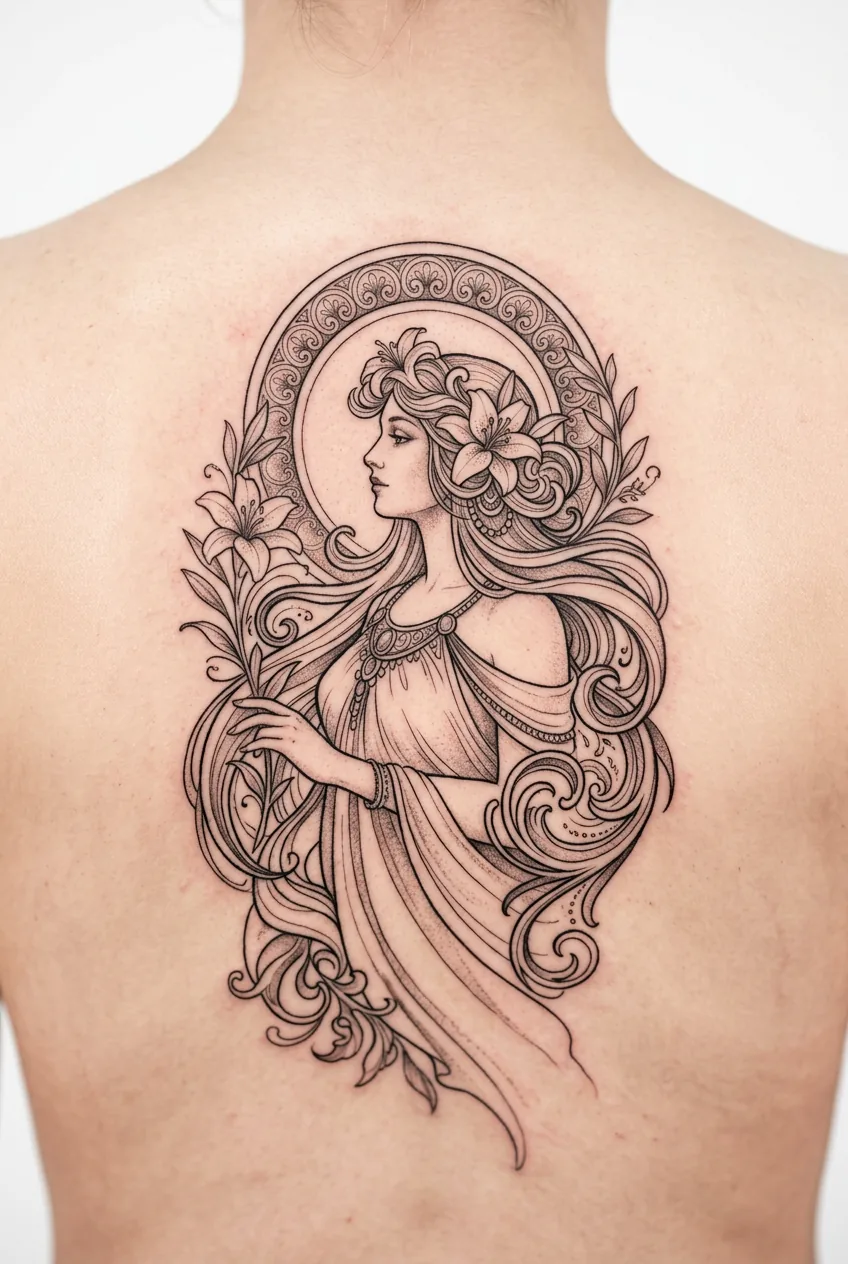 Art Nouveau goddess figure tattoo with flowing lines and ornate Alphonse Mucha-inspired details