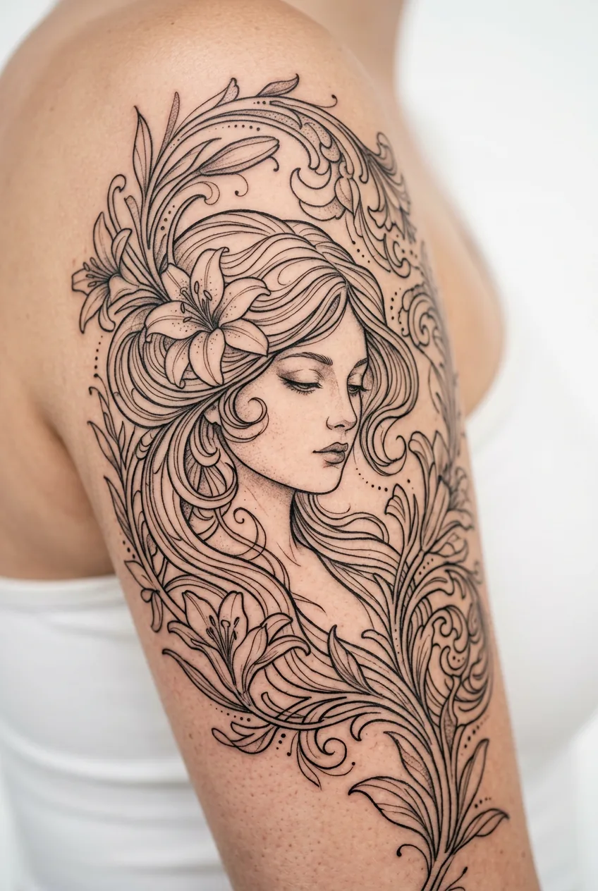 Art Nouveau style woman portrait with flowing hair and decorative florals on upper arm
