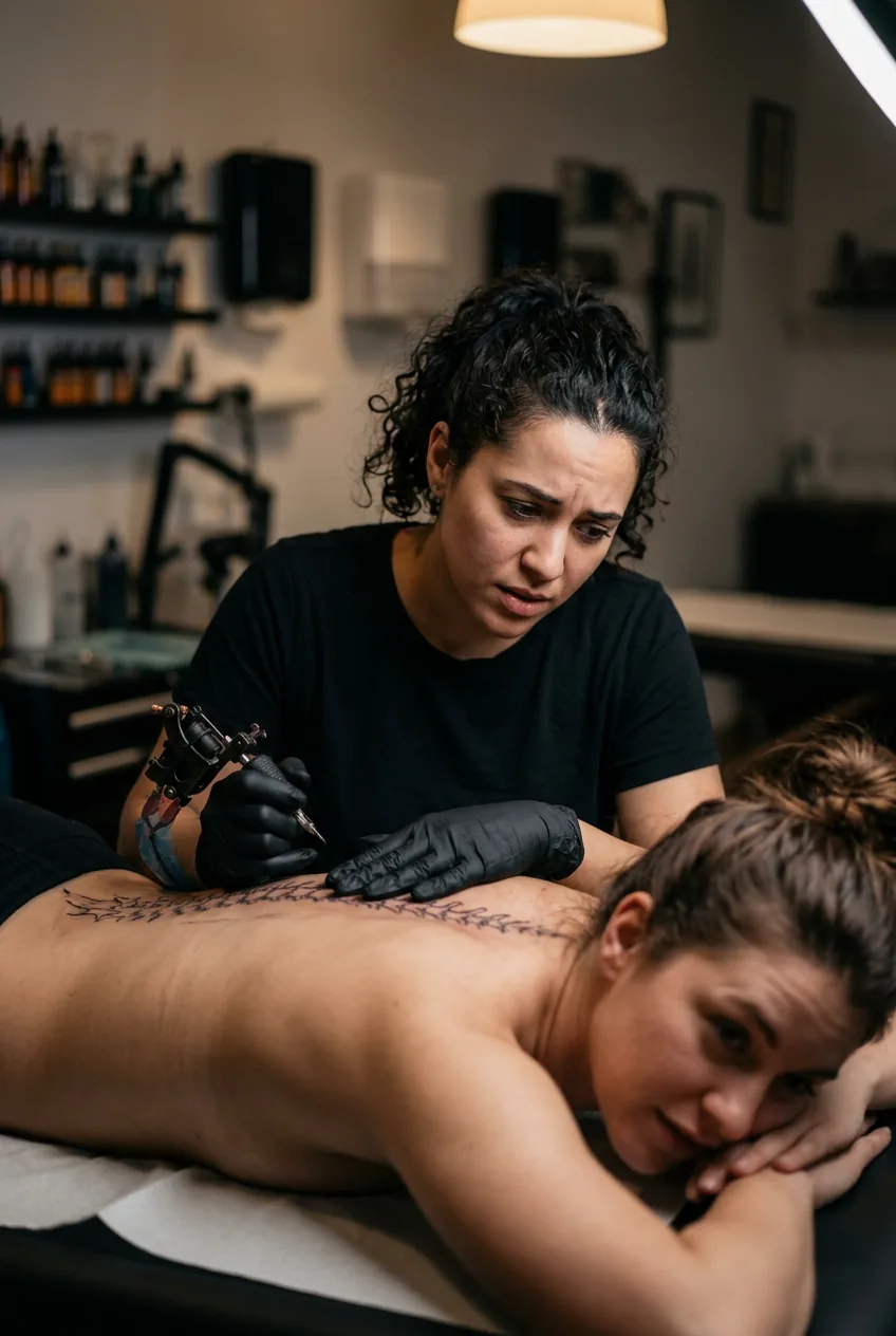 Tattoo artist checking on client's comfort during spine tattoo session in professional studio setting