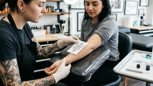 tattoo artist holding printed reference design against woman's wrist checking size in bright studio