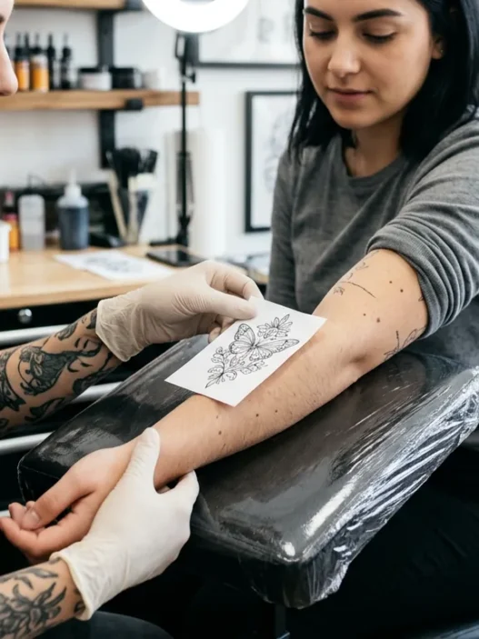 tattoo artist holding printed reference design against woman's wrist checking size in bright studio