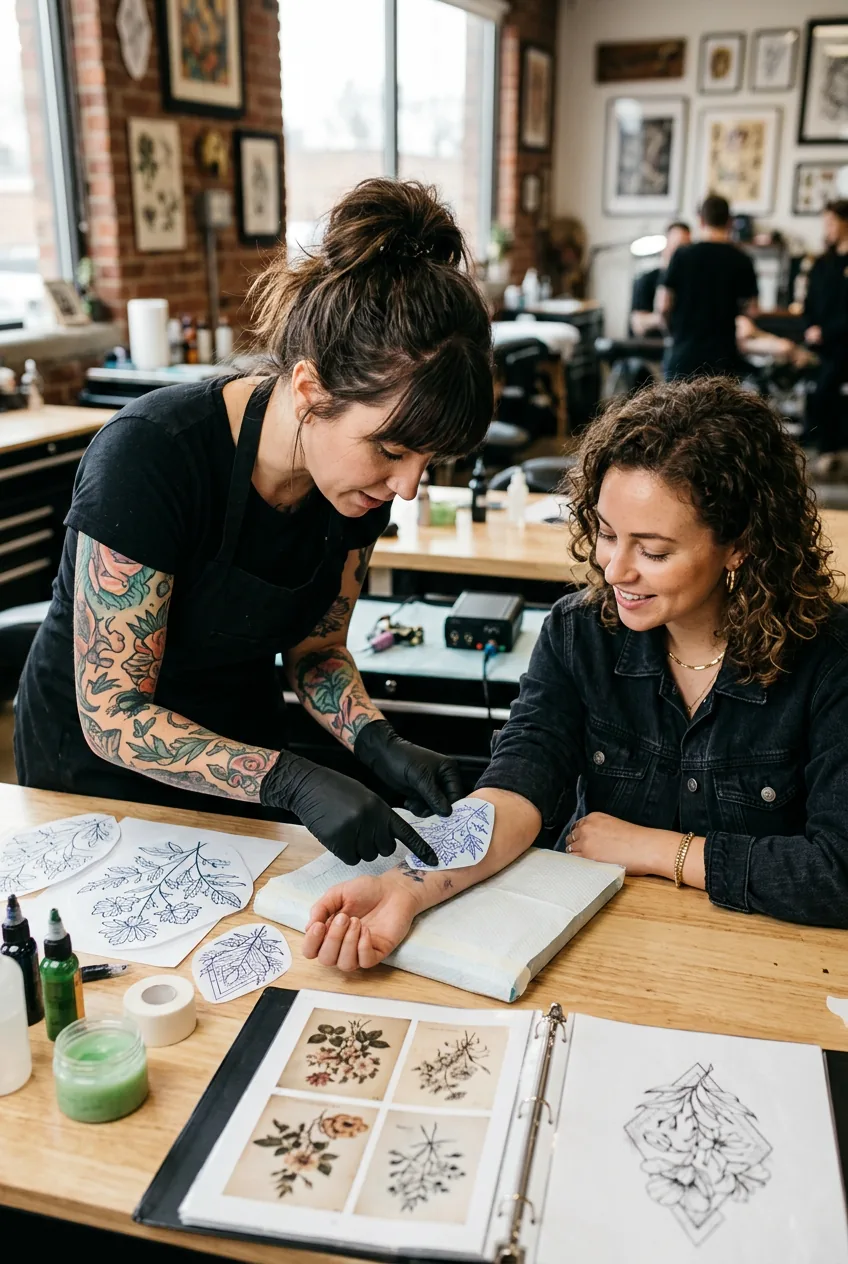Tattoo artist and female client collaborating over placement design with stencils visible