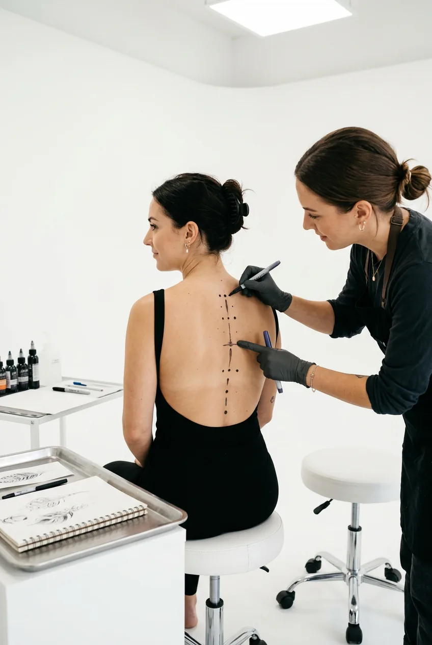 Woman with artist consultation setup showing placement marking process for spine tattoo