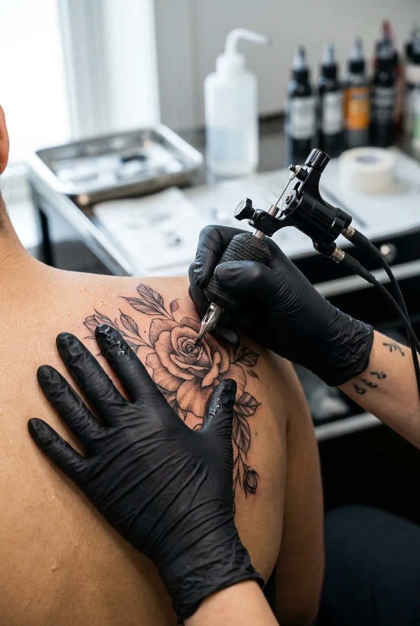 Tattoo artist's hands working on delicate shading of elegant floral design with tattoo needle
