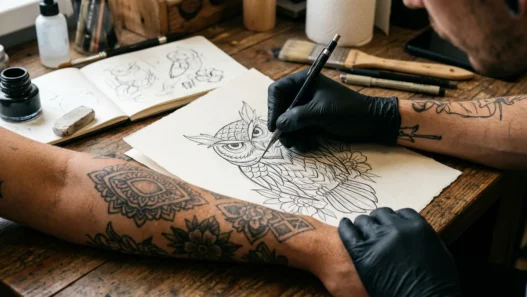 Tattoo artist's hand sketching custom design on paper with client's tattooed arm beside sketch