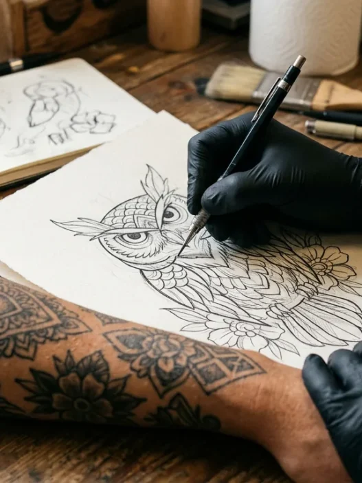 Tattoo artist's hand sketching custom design on paper with client's tattooed arm beside sketch