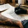 Tattoo artist's hand sketching custom design on paper with client's tattooed arm beside sketch