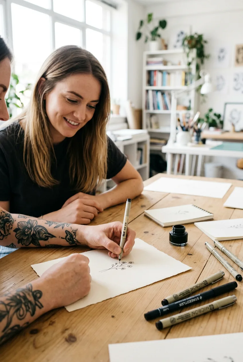 Close-up of tattoo artist's hands drawing delicate small design while woman watches in bright studio