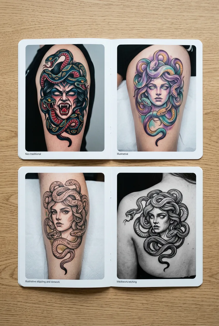 Portfolio pages displaying different tattoo artists' Medusa styles from neo-traditional to illustrative approaches