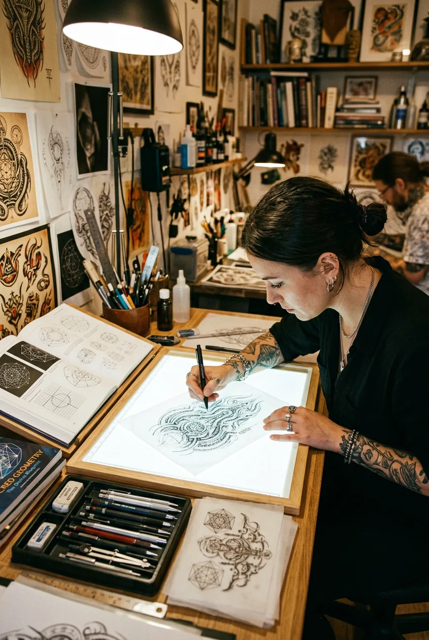 Tattoo artist sketching cybersigilism designs at light table with technical drawing tools