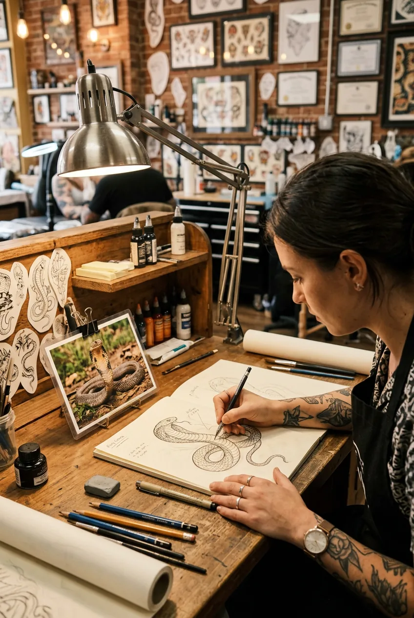 Tattoo artist drawing snake design while comparing to single reference photograph on desk