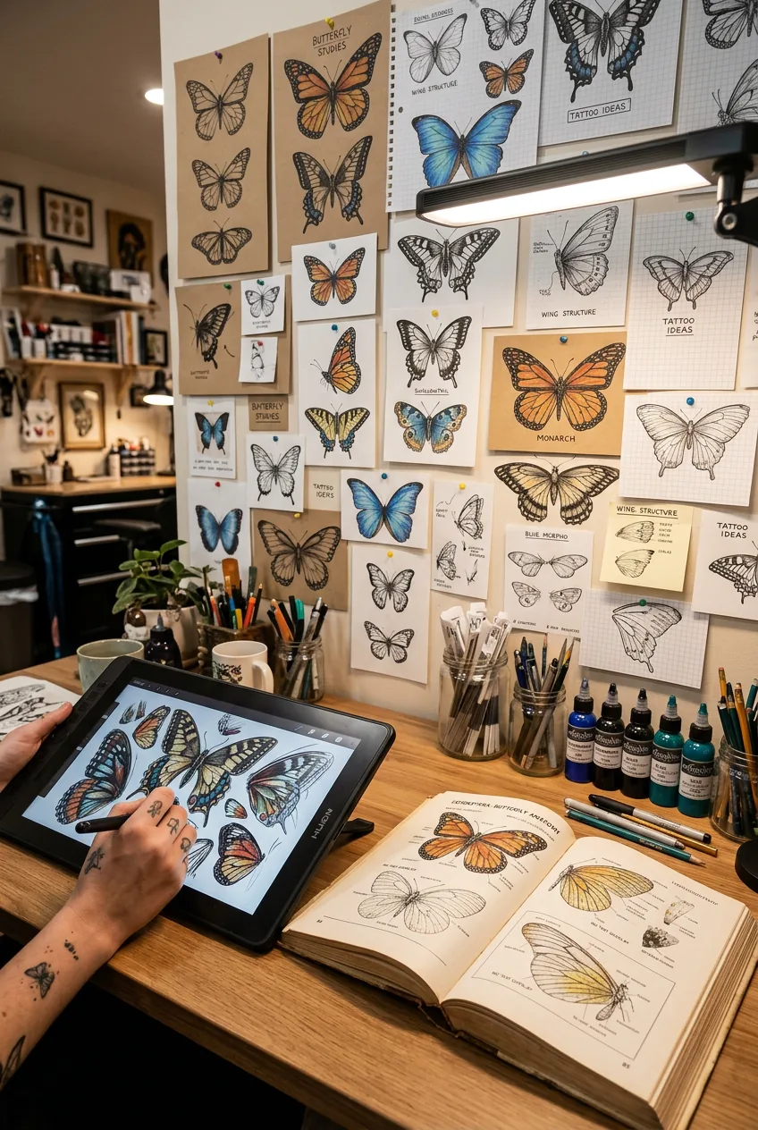 Tattoo studio workspace with butterfly sketches pinned to wall and drawing materials